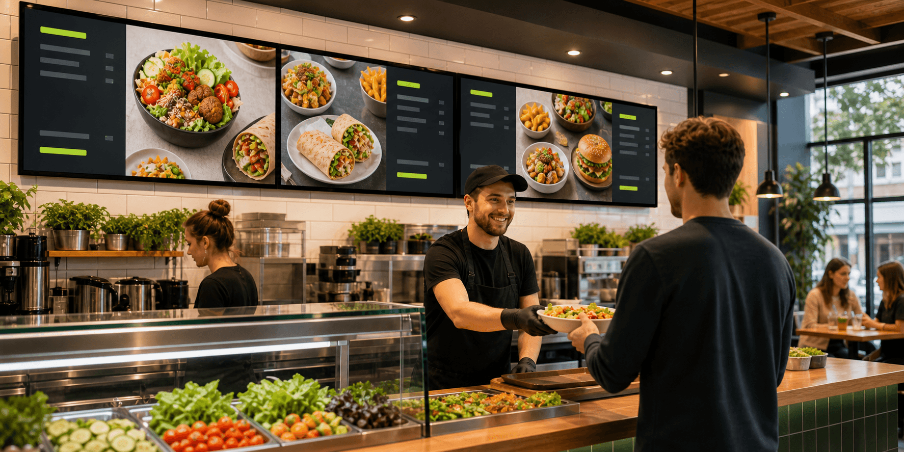 Digitales Menüboard in einem Restaurant mit Speisen auf TV-Bildschirmen